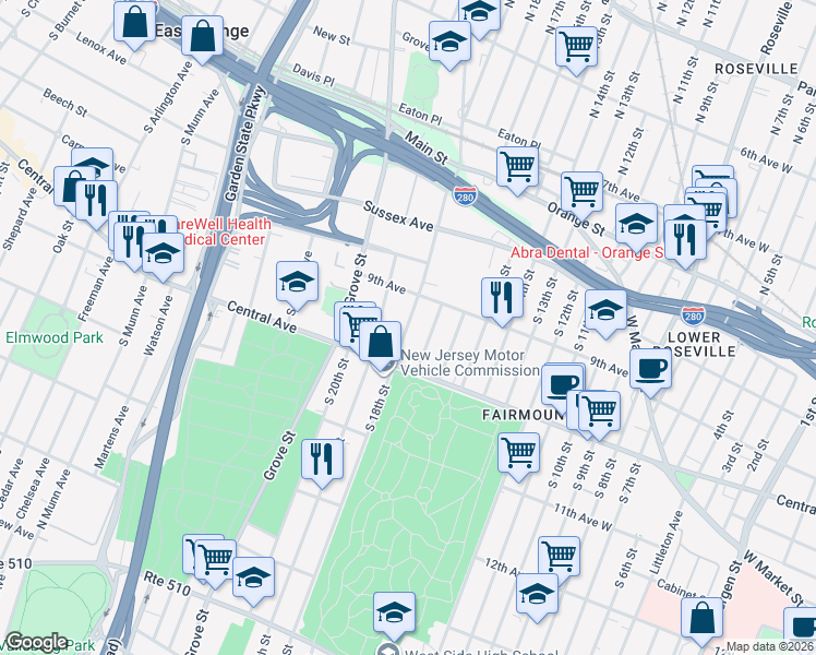 map of restaurants, bars, coffee shops, grocery stores, and more near 147 Steuben Street in East Orange