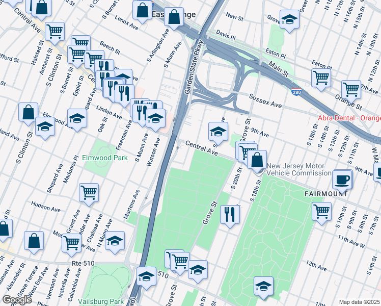 map of restaurants, bars, coffee shops, grocery stores, and more near 4 Hawthorne Place in East Orange