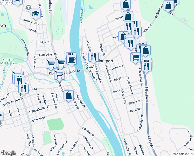 map of restaurants, bars, coffee shops, grocery stores, and more near 223 S Canal St in Walnutport