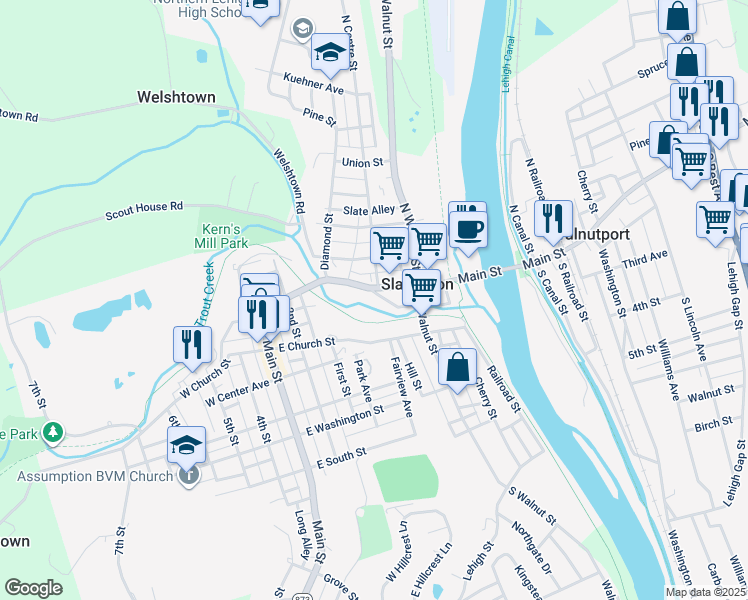 map of restaurants, bars, coffee shops, grocery stores, and more near 24 Factory Street in Slatington