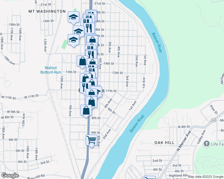 map of restaurants, bars, coffee shops, grocery stores, and more near 414 11th Street in Beaver Falls