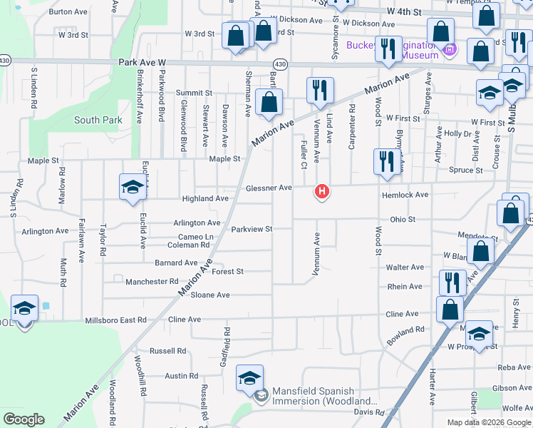 map of restaurants, bars, coffee shops, grocery stores, and more near 248 Bartley Avenue in Mansfield