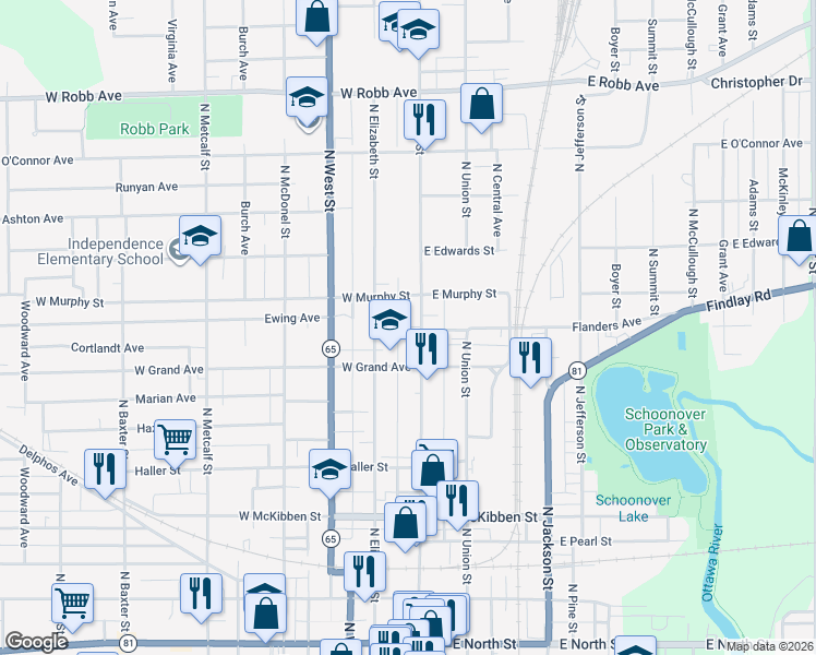 map of restaurants, bars, coffee shops, grocery stores, and more near 833 North Main Street in Lima