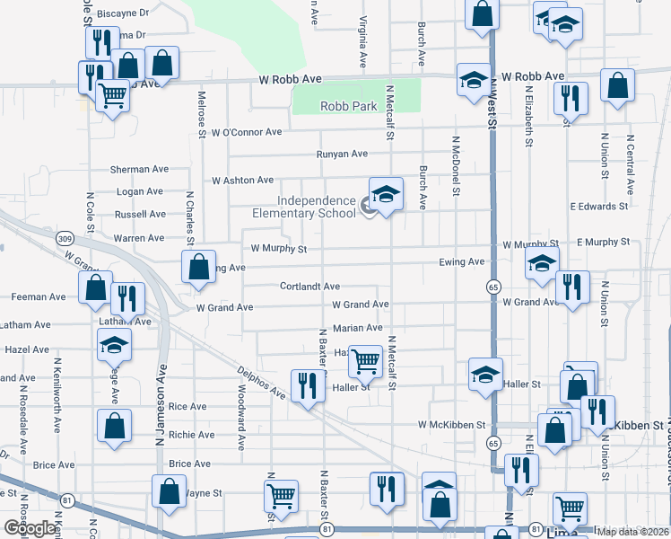 map of restaurants, bars, coffee shops, grocery stores, and more near 637 Ewing Avenue in Lima