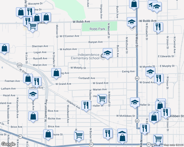 map of restaurants, bars, coffee shops, grocery stores, and more near 997 North Baxter Street in Lima