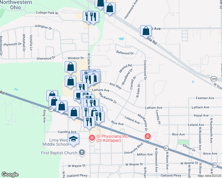 map of restaurants, bars, coffee shops, grocery stores, and more near 1846 Latham Avenue in Lima