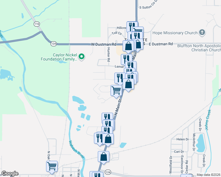 map of restaurants, bars, coffee shops, grocery stores, and more near 58 Capri Court in Bluffton