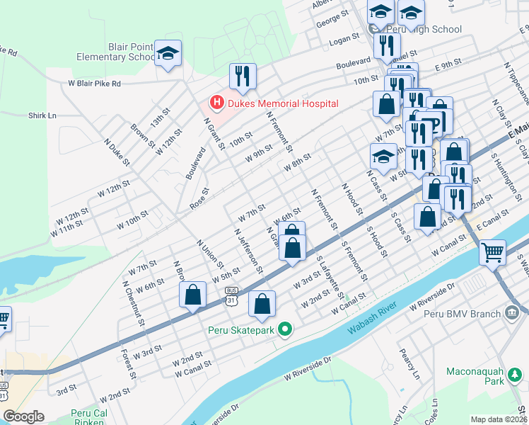 map of restaurants, bars, coffee shops, grocery stores, and more near 250-298 W 6th St in Peru