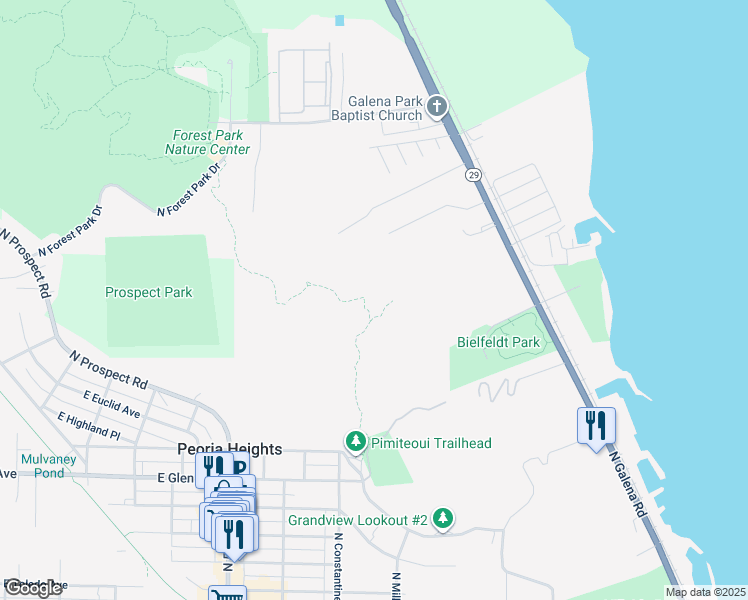 map of restaurants, bars, coffee shops, grocery stores, and more near 1702 East Saint Jude Court in Peoria Heights