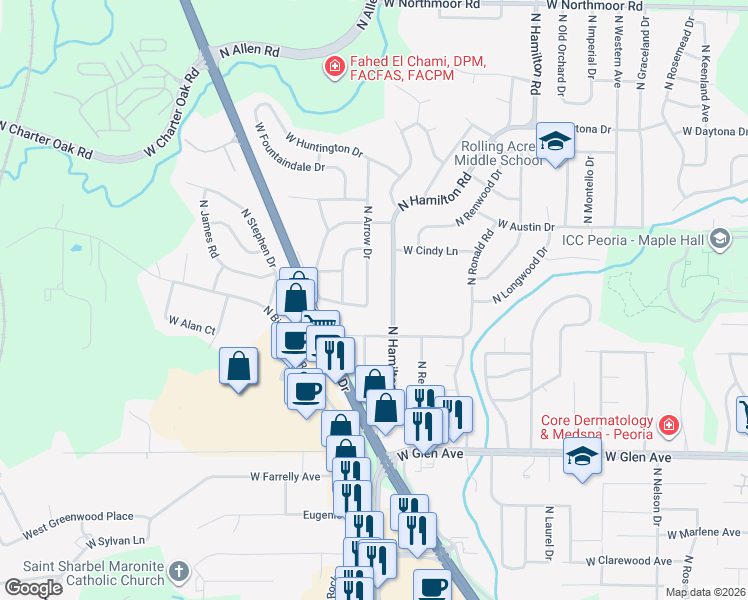 map of restaurants, bars, coffee shops, grocery stores, and more near 2517 West Marian Court in Peoria