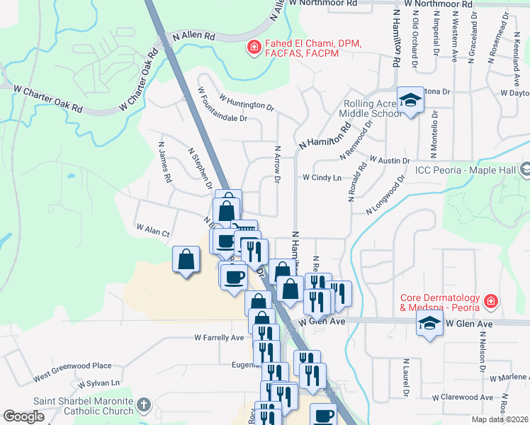 map of restaurants, bars, coffee shops, grocery stores, and more near 2517 West Marian Court in Peoria