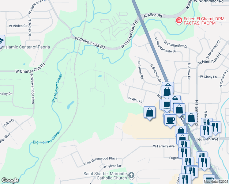 map of restaurants, bars, coffee shops, grocery stores, and more near 5411 North Big Hollow Road in Peoria