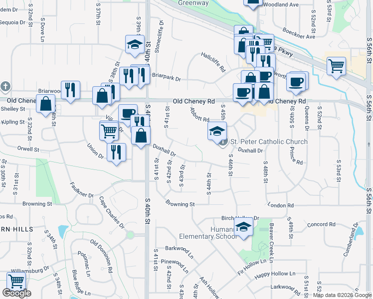 map of restaurants, bars, coffee shops, grocery stores, and more near 4301 Jacquelyn Circle in Lincoln