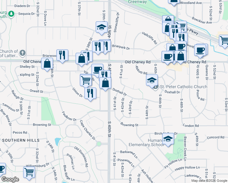 map of restaurants, bars, coffee shops, grocery stores, and more near 4001 Duxhall Drive in Lincoln