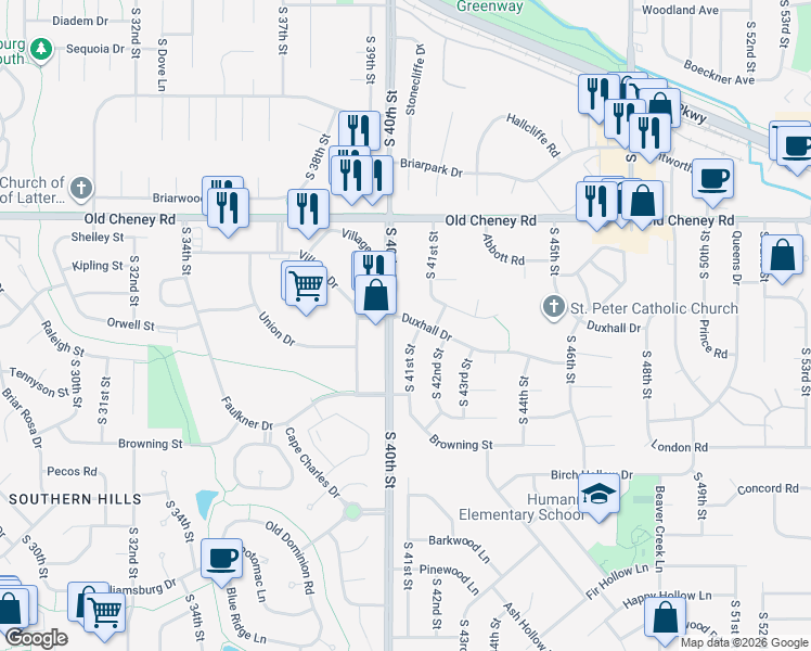 map of restaurants, bars, coffee shops, grocery stores, and more near 4001 Duxhall Drive in Lincoln