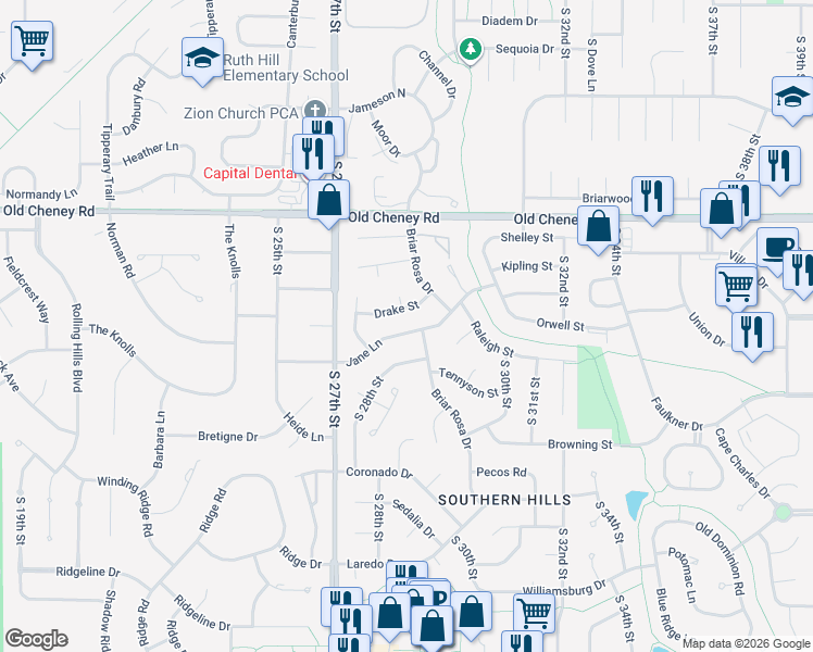 map of restaurants, bars, coffee shops, grocery stores, and more near 2828 Jane Lane in Lincoln