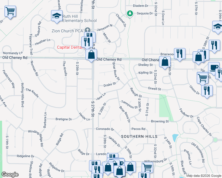 map of restaurants, bars, coffee shops, grocery stores, and more near 2828 Jane Lane in Lincoln