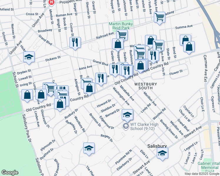 map of restaurants, bars, coffee shops, grocery stores, and more near 800 Old Country Road in Westbury