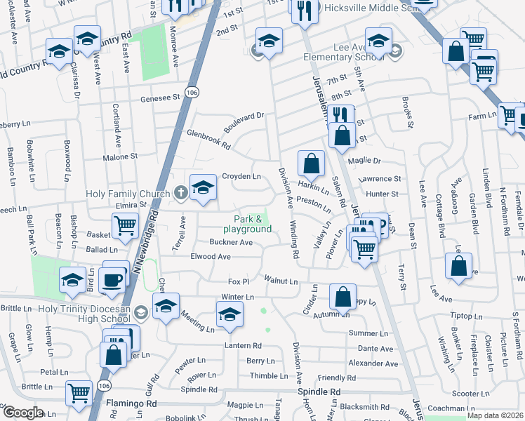 map of restaurants, bars, coffee shops, grocery stores, and more near 54 Fordham Avenue in Hicksville
