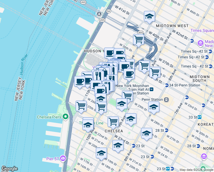 map of restaurants, bars, coffee shops, grocery stores, and more near 517 West 29th Street in New York