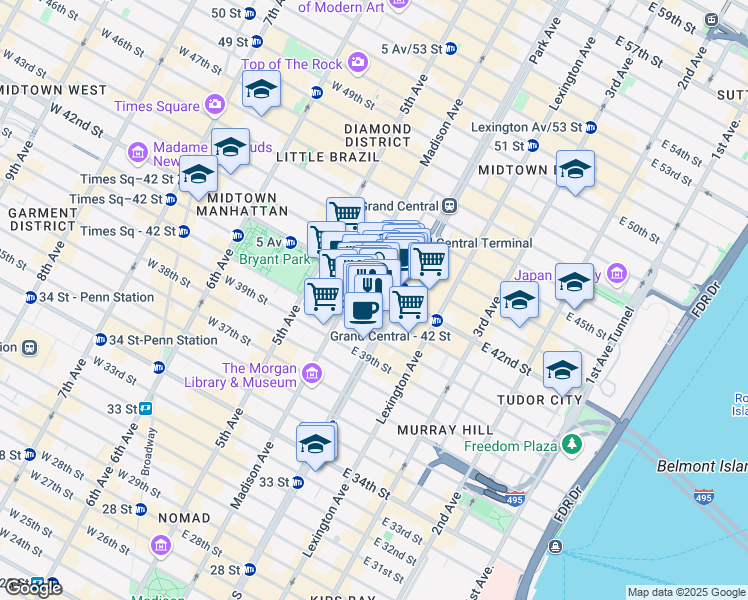 map of restaurants, bars, coffee shops, grocery stores, and more near 60 East 42nd Street in New York
