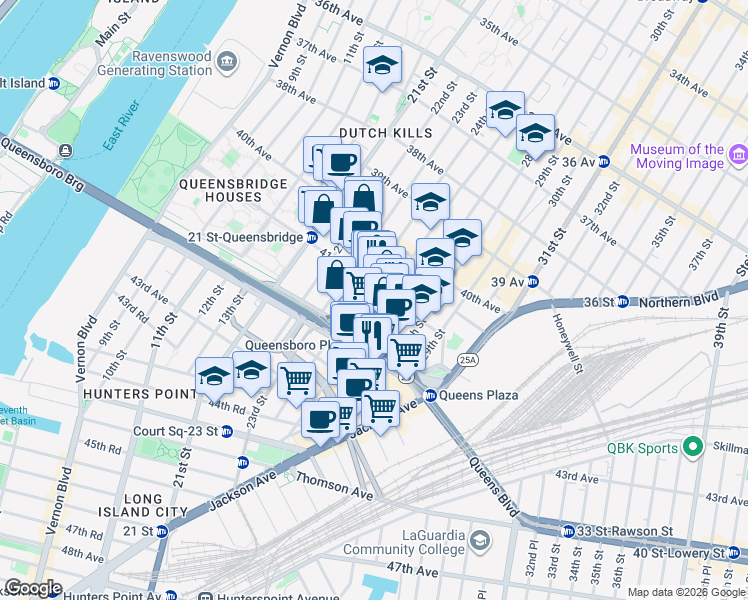 map of restaurants, bars, coffee shops, grocery stores, and more near 41-26 27th Street in Queens