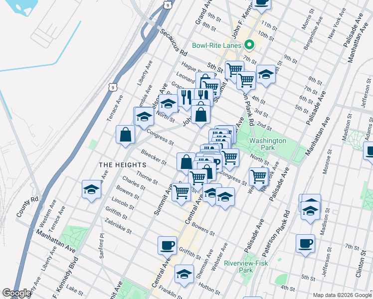 map of restaurants, bars, coffee shops, grocery stores, and more near 181 Congress Street in Jersey City