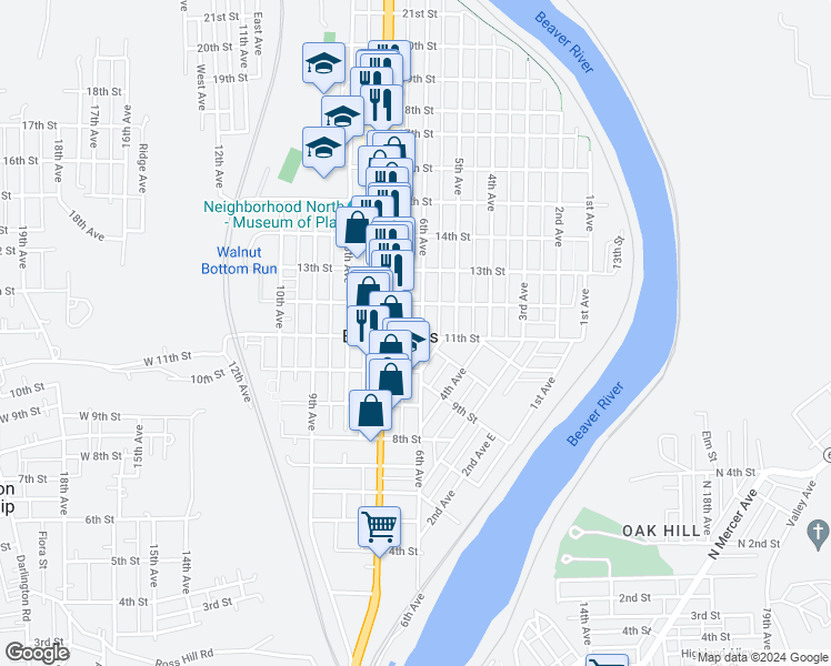 map of restaurants, bars, coffee shops, grocery stores, and more near 1101 6th Avenue in Beaver Falls