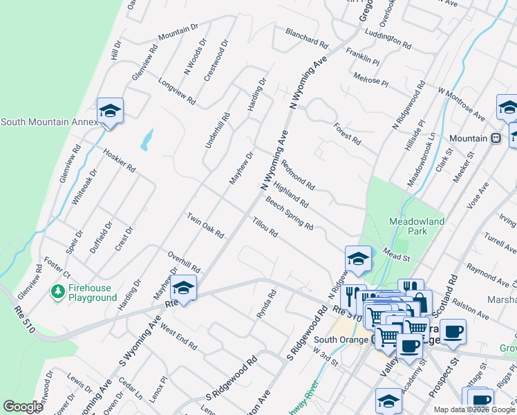map of restaurants, bars, coffee shops, grocery stores, and more near 156 North Wyoming Avenue in South Orange