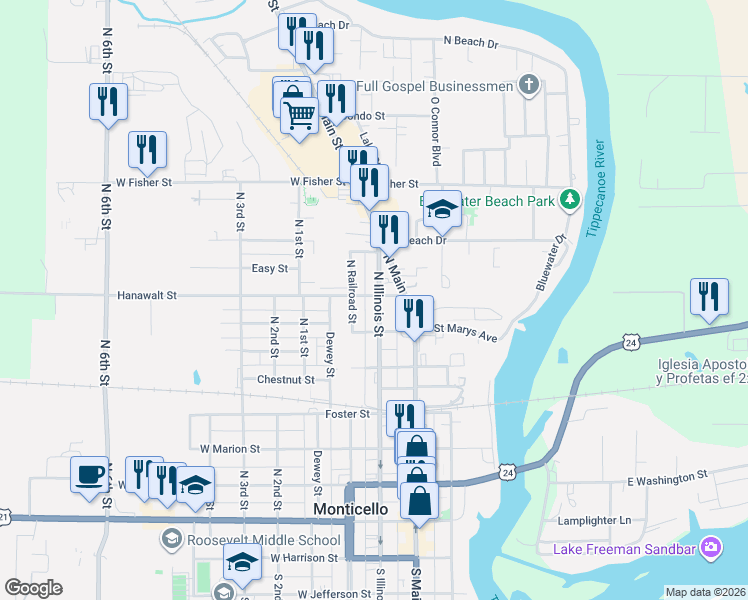 map of restaurants, bars, coffee shops, grocery stores, and more near 101-199 Hanawalt Street in Monticello