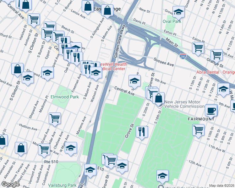 map of restaurants, bars, coffee shops, grocery stores, and more near 2 Hawthorne Place in East Orange