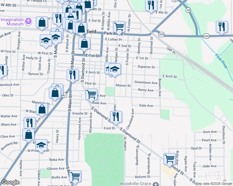 map of restaurants, bars, coffee shops, grocery stores, and more near 143-185 Home Avenue in Mansfield
