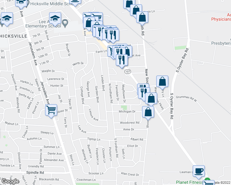 map of restaurants, bars, coffee shops, grocery stores, and more near 14 Ferndale Drive in Hicksville