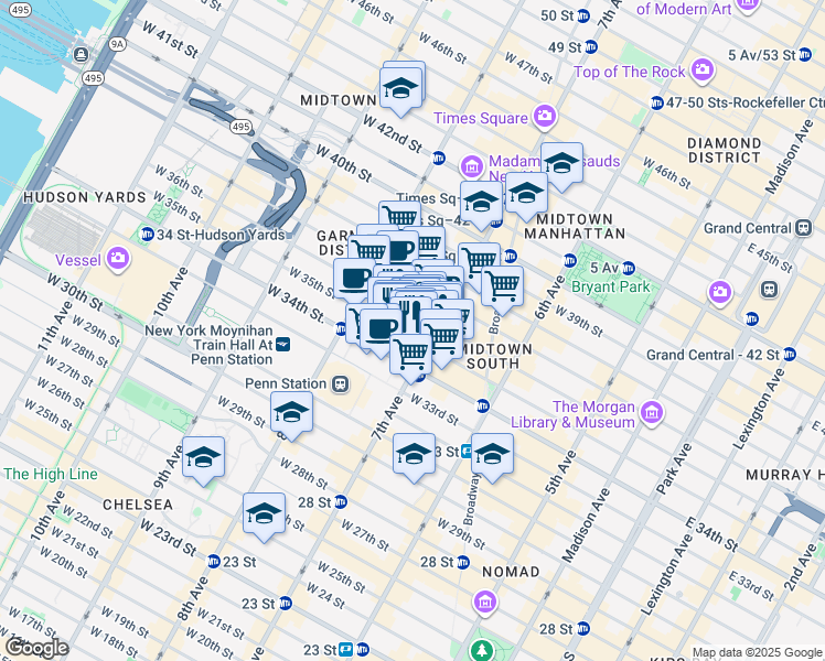 map of restaurants, bars, coffee shops, grocery stores, and more near 213 West 35th Street in New York