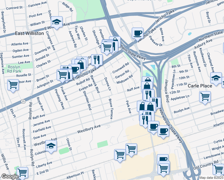 map of restaurants, bars, coffee shops, grocery stores, and more near 287 Hill Street in Mineola