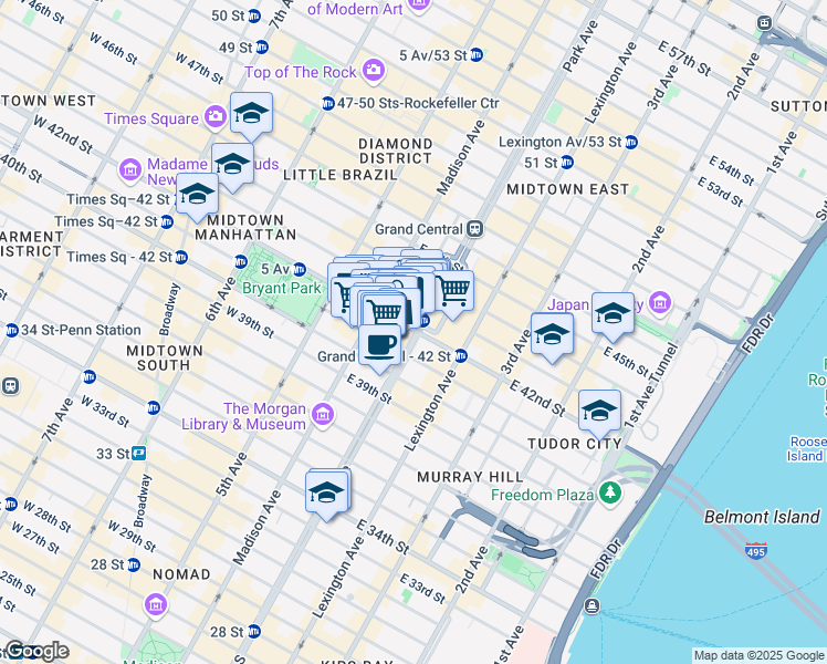 map of restaurants, bars, coffee shops, grocery stores, and more near 122 Park Avenue in New York