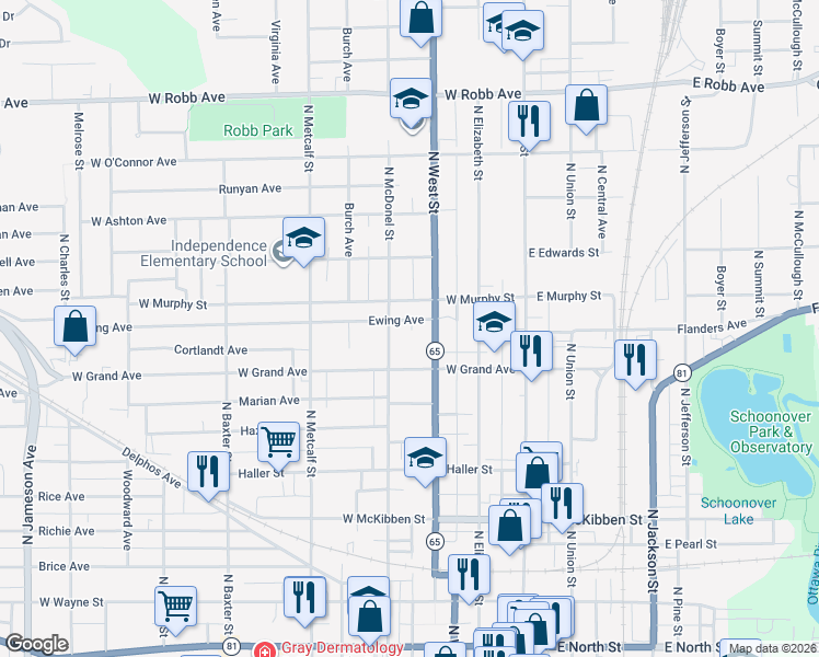map of restaurants, bars, coffee shops, grocery stores, and more near 319 Ewing Avenue in Lima