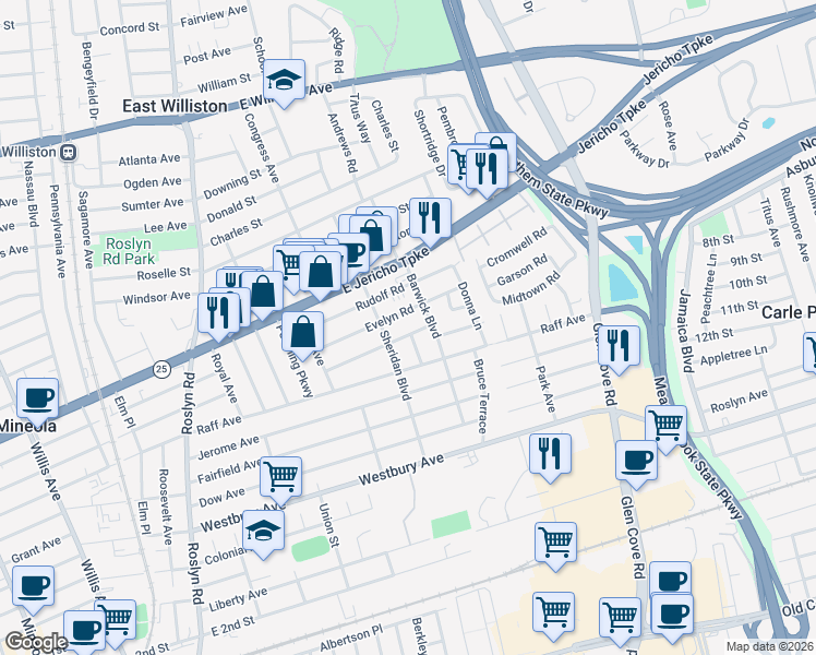 map of restaurants, bars, coffee shops, grocery stores, and more near 222 Clemens Road in Mineola