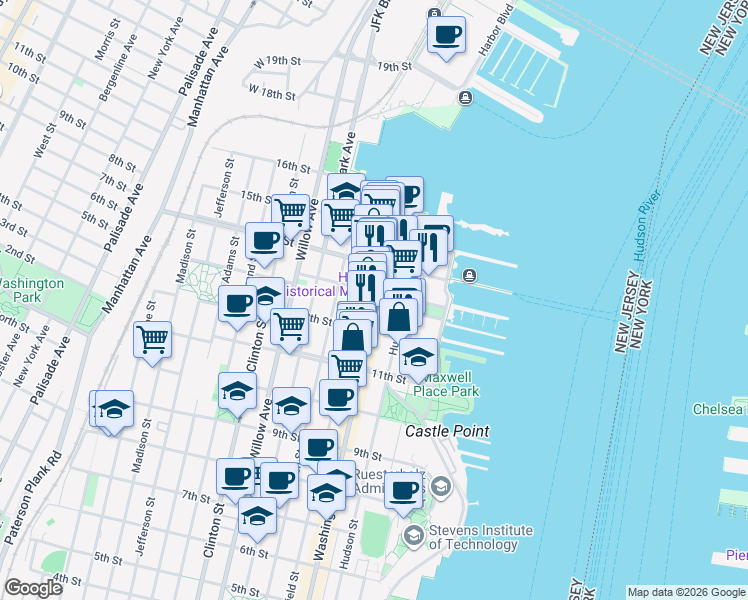 map of restaurants, bars, coffee shops, grocery stores, and more near 1217 Washington Street in Hoboken