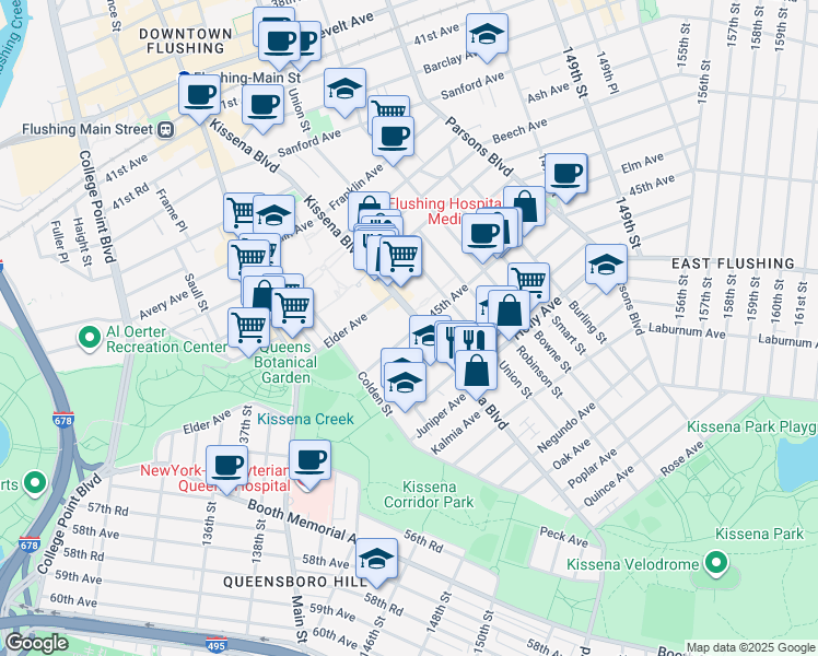 map of restaurants, bars, coffee shops, grocery stores, and more near 45-10 Kissena Boulevard in Queens