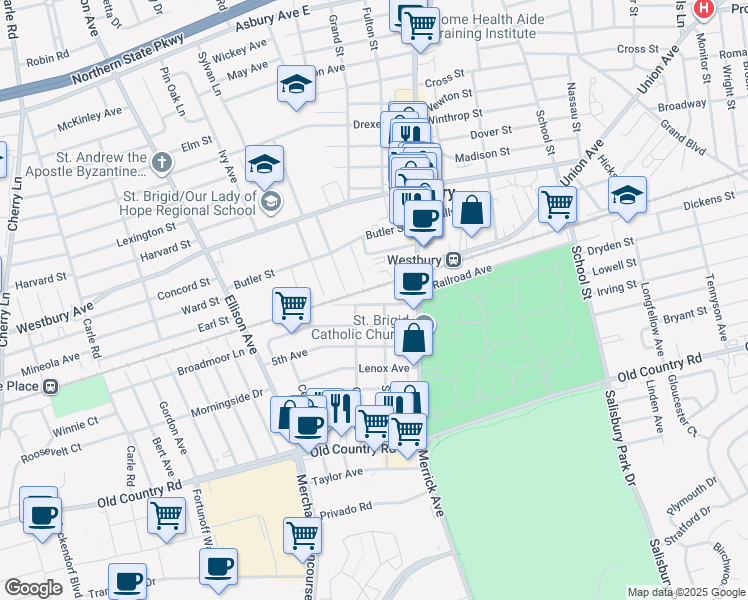 map of restaurants, bars, coffee shops, grocery stores, and more near 60 Madison Avenue in Westbury