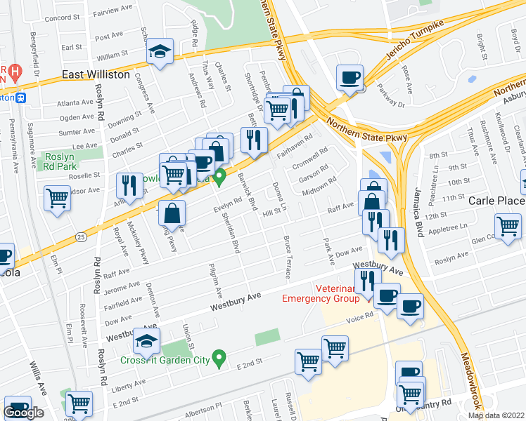 map of restaurants, bars, coffee shops, grocery stores, and more near 258 Hill Street in Mineola