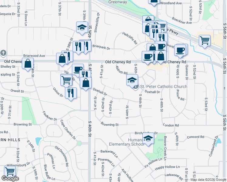 map of restaurants, bars, coffee shops, grocery stores, and more near 4301 Jacquelyn Circle in Lincoln