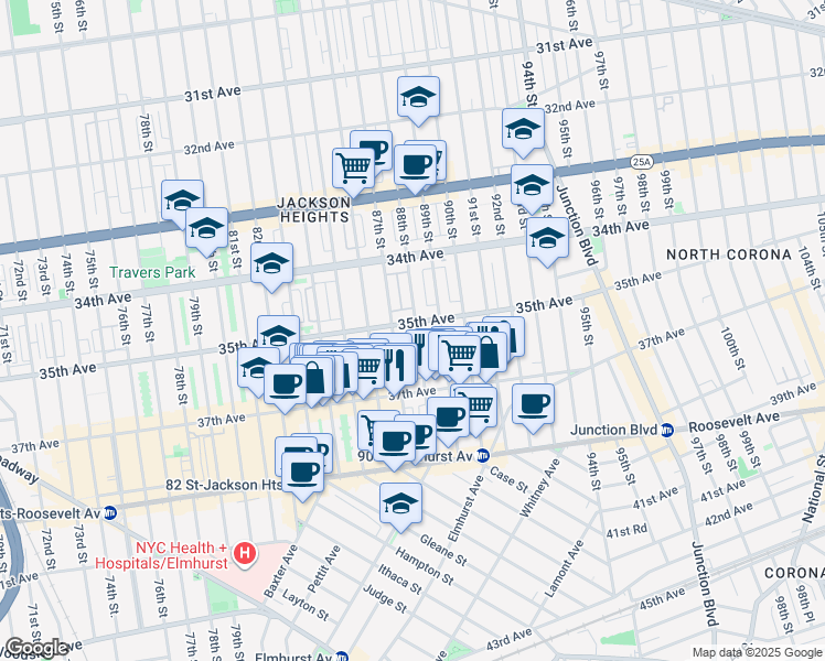 map of restaurants, bars, coffee shops, grocery stores, and more near 35-06 88th Street in Queens