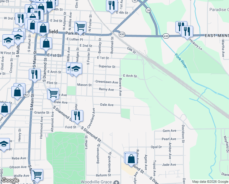 map of restaurants, bars, coffee shops, grocery stores, and more near 320 Remy Avenue in Mansfield