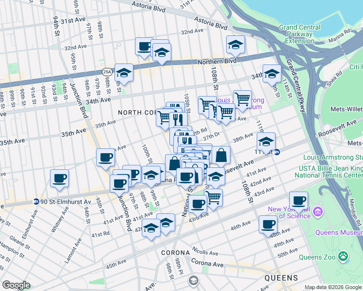 map of restaurants, bars, coffee shops, grocery stores, and more near 37-43 103rd Street in Queens