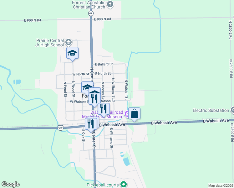 map of restaurants, bars, coffee shops, grocery stores, and more near 312 East Martin Street in Forrest