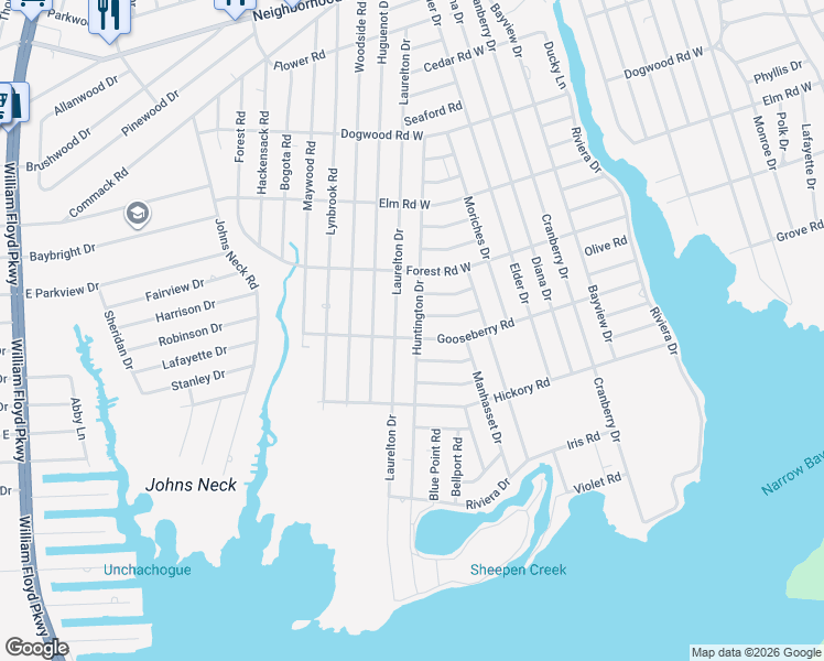 map of restaurants, bars, coffee shops, grocery stores, and more near 128 Huntington Drive in Mastic Beach