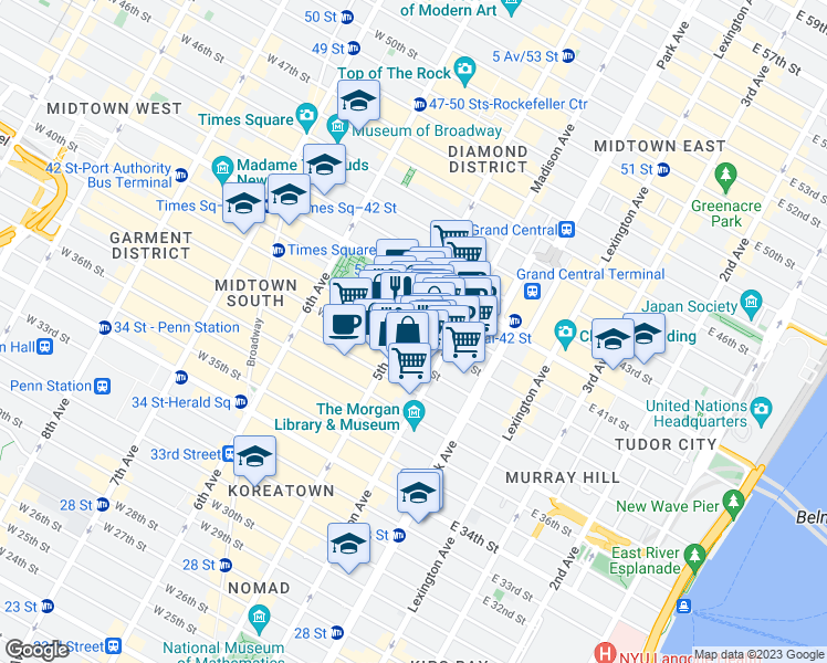 map of restaurants, bars, coffee shops, grocery stores, and more near 461 5th Avenue in New York