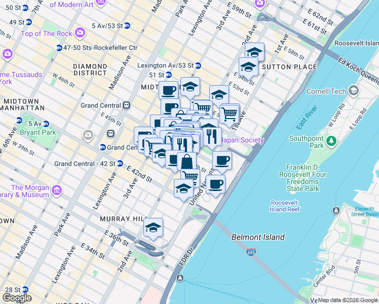 map of restaurants, bars, coffee shops, grocery stores, and more near 310 East 46th Street in New York